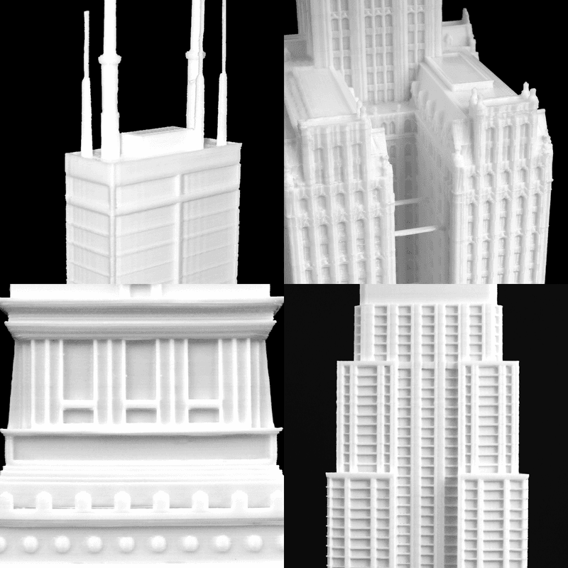 Close-up detail of the printed architectural facades